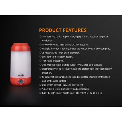 Fenix CL26RRED - Bærbar LED lampe dæmpbar og genopladelig LED/USB/2xCR123A IP66 400 skinnende 400 timer 2600 mAh orange