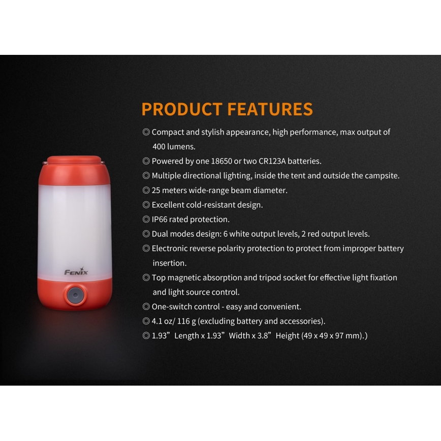 Fenix CL26RRED - Bærbar LED lampe dæmpbar og genopladelig LED/USB/2xCR123A IP66 400 skinnende 400 timer 2600 mAh orange