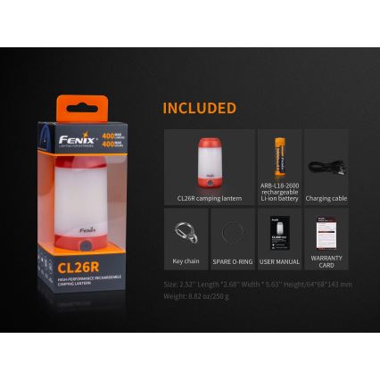 Fenix CL26RRED - Bærbar LED lampe dæmpbar og genopladelig LED/USB/2xCR123A IP66 400 skinnende 400 timer 2600 mAh orange