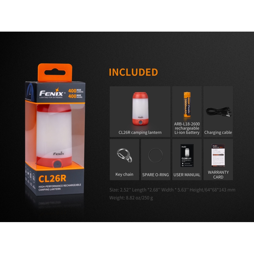 Fenix CL26RRED - Bærbar LED lampe dæmpbar og genopladelig LED/USB/2xCR123A IP66 400 skinnende 400 timer 2600 mAh orange