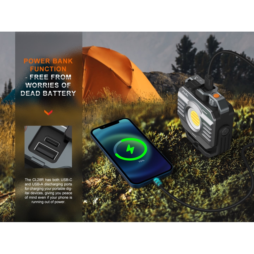 Fenix CL28R - LED projektør m. powerbank dæmpbar og genopladelig LED/USB IP66 2000 skinnende 360 timer 10000 mAh