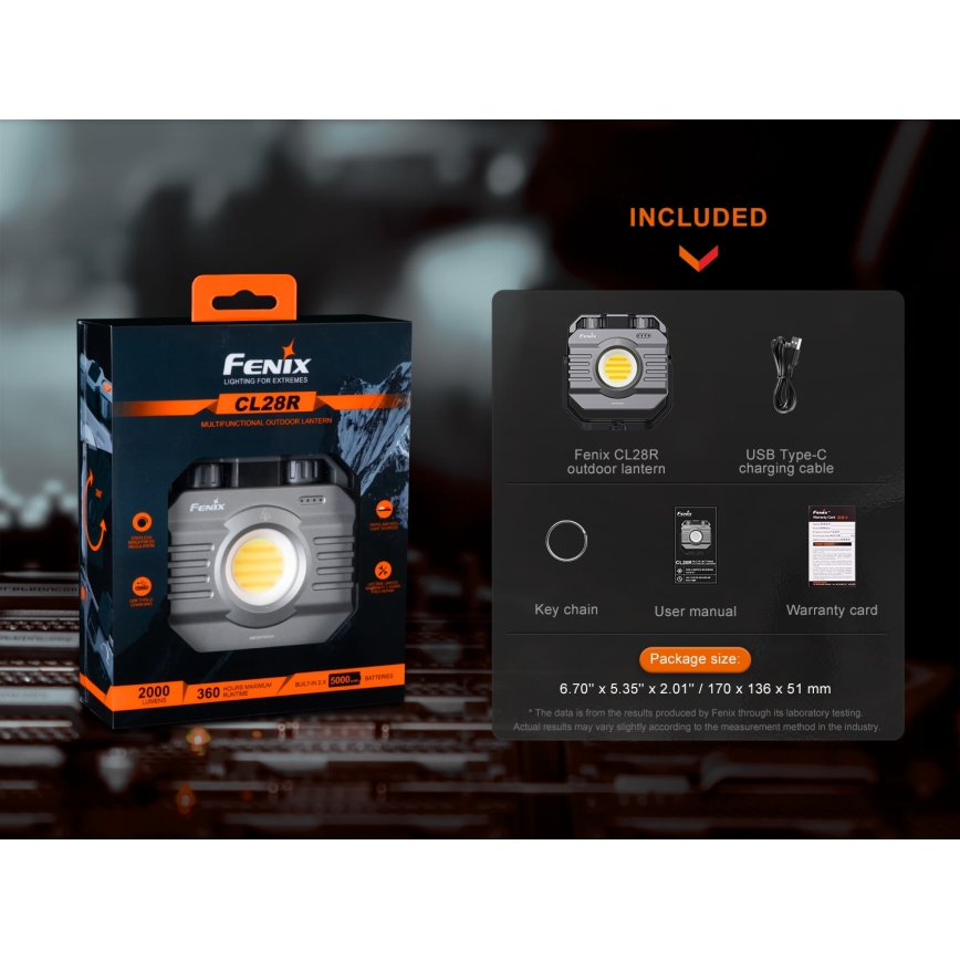 Fenix CL28R - LED projektør m. powerbank dæmpbar og genopladelig LED/USB IP66 2000 skinnende 360 timer 10000 mAh