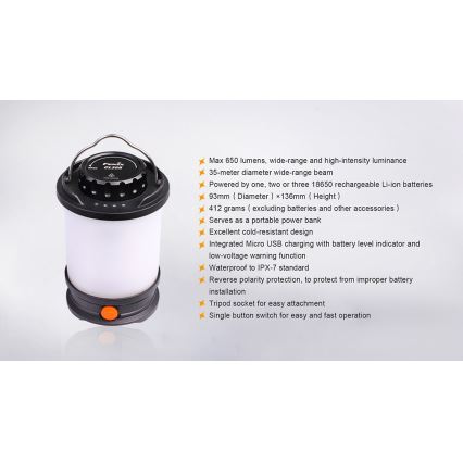 Fenix CL30R - Bærbar LED lampe genopladelig LED/USB/6xCR123A IPX7 650 lm 300 timer 2600 mAh