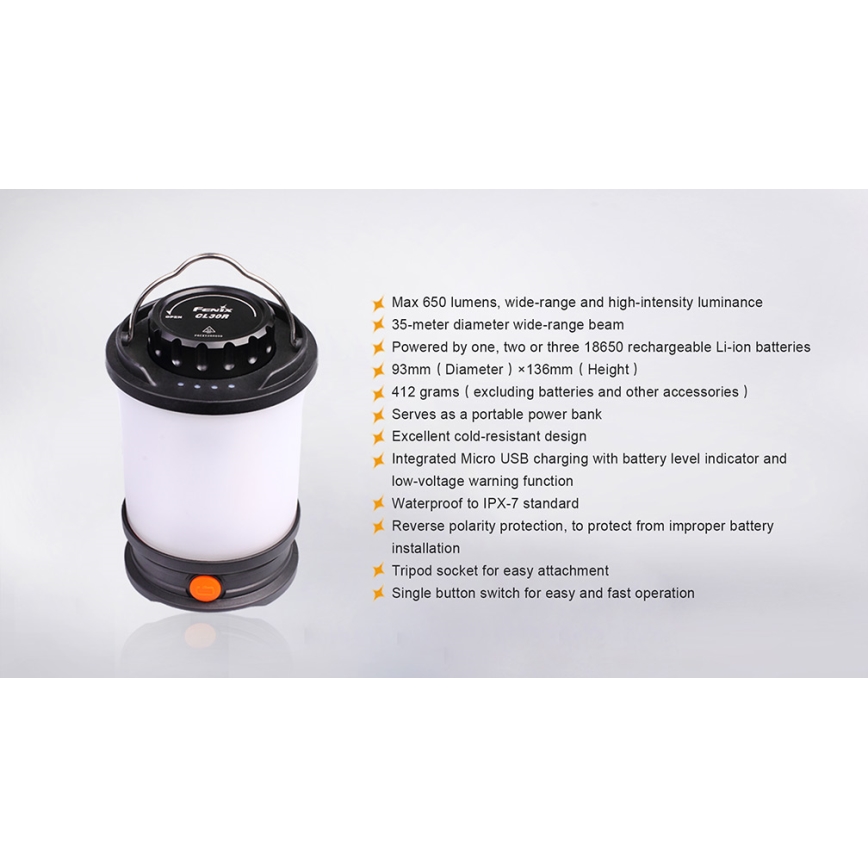 Fenix CL30R - Bærbar LED lampe genopladelig LED/USB/6xCR123A IPX7 650 lm 300 timer 2600 mAh