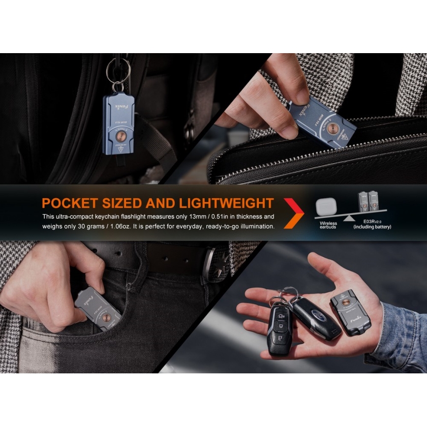 Fenix E03RV20BLU - Genopladelig LED lommelygte LED/USB IP66 500 lm 30 timer 400 mAh