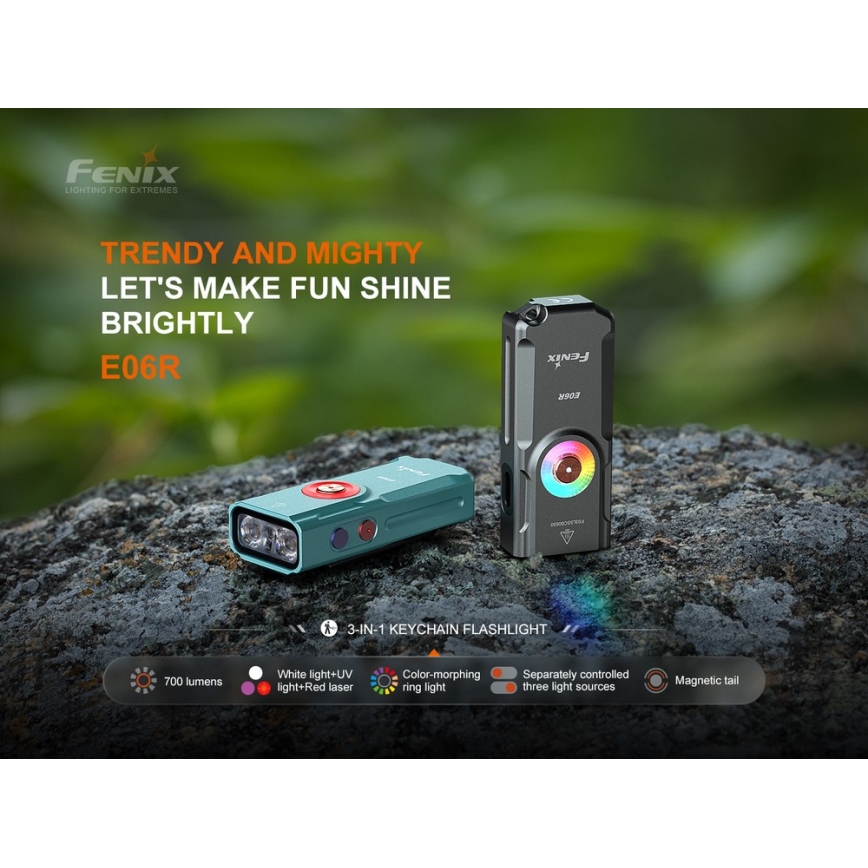 Fenix E06RGRY - LED lommelygte dæmpbar og genopladelig UV LED/USB IP66 700 skinnende 60 timer 750 mAh grå