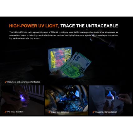 Fenix E06RGRY - LED lommelygte dæmpbar og genopladelig UV LED/USB IP66 700 skinnende 60 timer 750 mAh grå