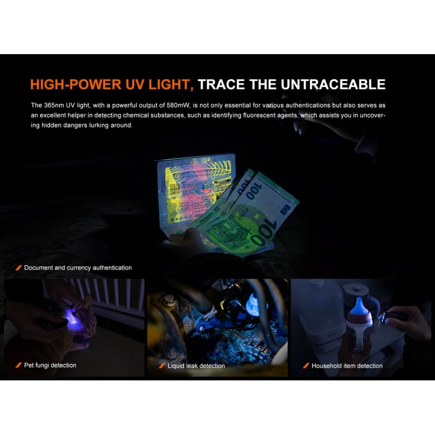 Fenix E06RGRY - LED lommelygte dæmpbar og genopladelig UV LED/USB IP66 700 skinnende 60 timer 750 mAh grå