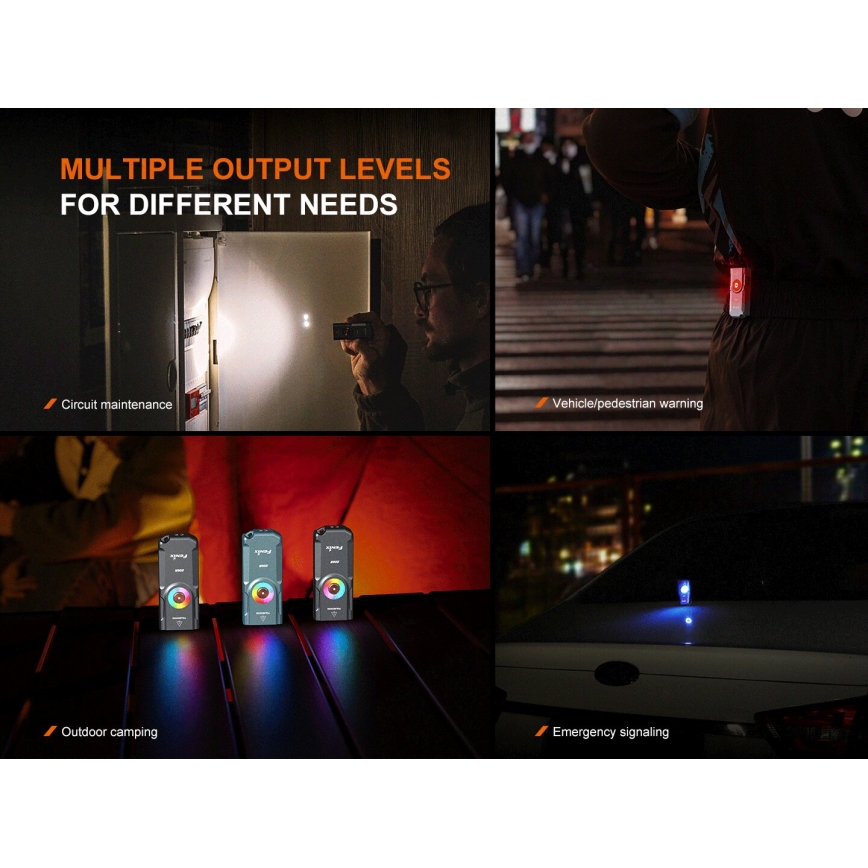 Fenix E06RGRY - LED lommelygte dæmpbar og genopladelig UV LED/USB IP66 700 skinnende 60 timer 750 mAh grå