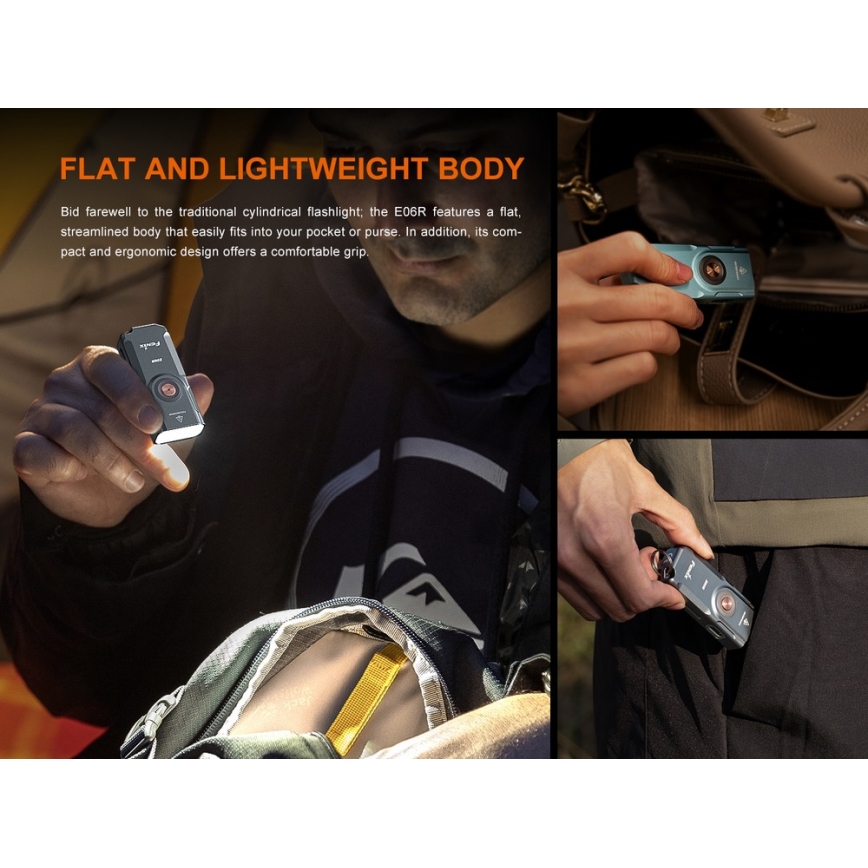 Fenix E06RGRY - LED lommelygte dæmpbar og genopladelig UV LED/USB IP66 700 skinnende 60 timer 750 mAh grå