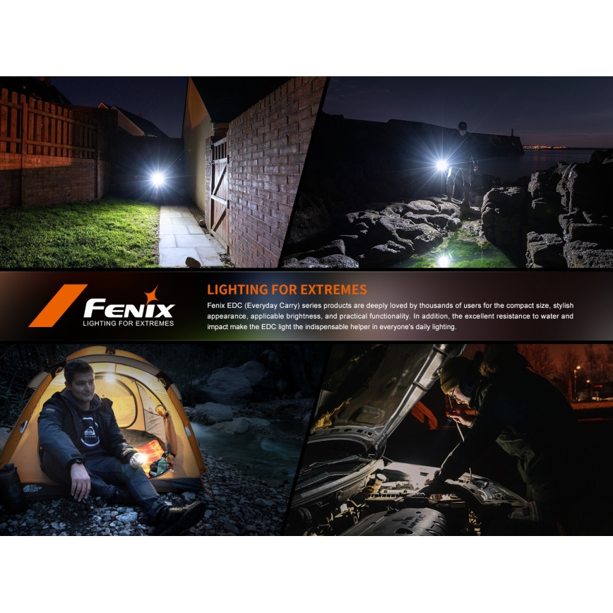 Fenix E06RGRY - LED lommelygte dæmpbar og genopladelig UV LED/USB IP66 700 skinnende 60 timer 750 mAh grå