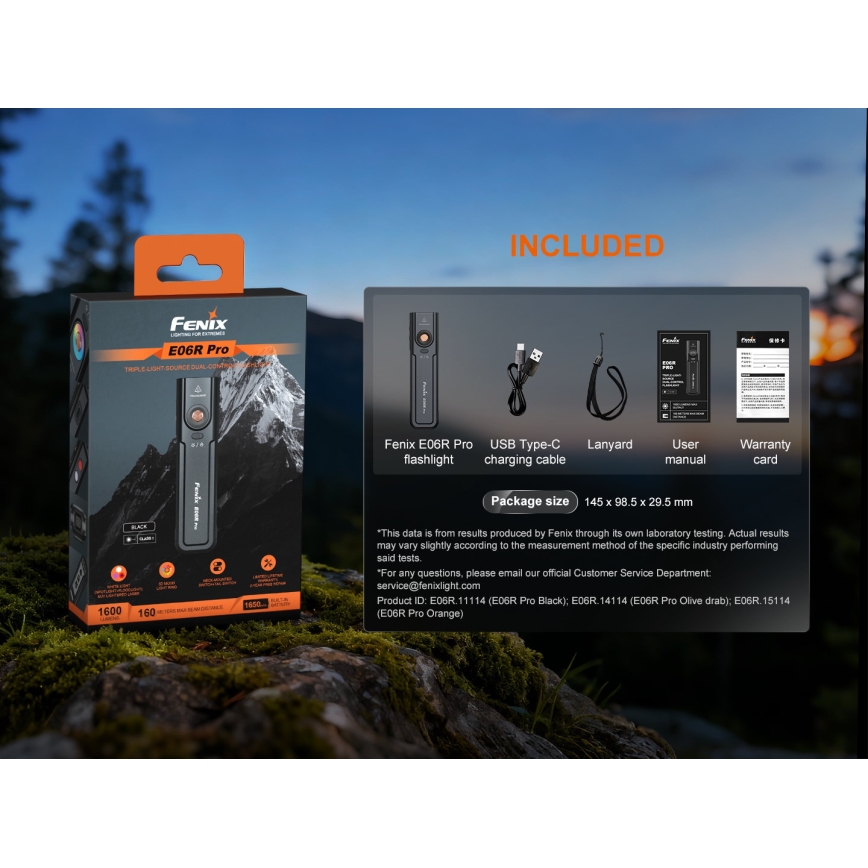 Fenix E06RPROEUBLC- LED dæmpbar genopladelig lommelygte LED/USB 1650 mAh IP66 1600 lm 111 h sort