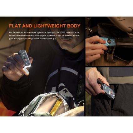 Fenix E06RTKS - Genopladelig LED lommelygte dæmpbar UV LED/USB IP66 700 lm 60 h 750 mAh turkis