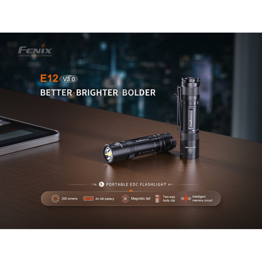 Fenix E12V30 - LED dæmpbar genopladelig lommelygte LED/1xAA 2000 mAh IP68 200 lm 100 h sort