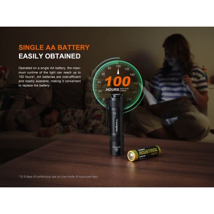 Fenix E12V30 - LED dæmpbar genopladelig lommelygte LED/1xAA 2000 mAh IP68 200 lm 100 h sort