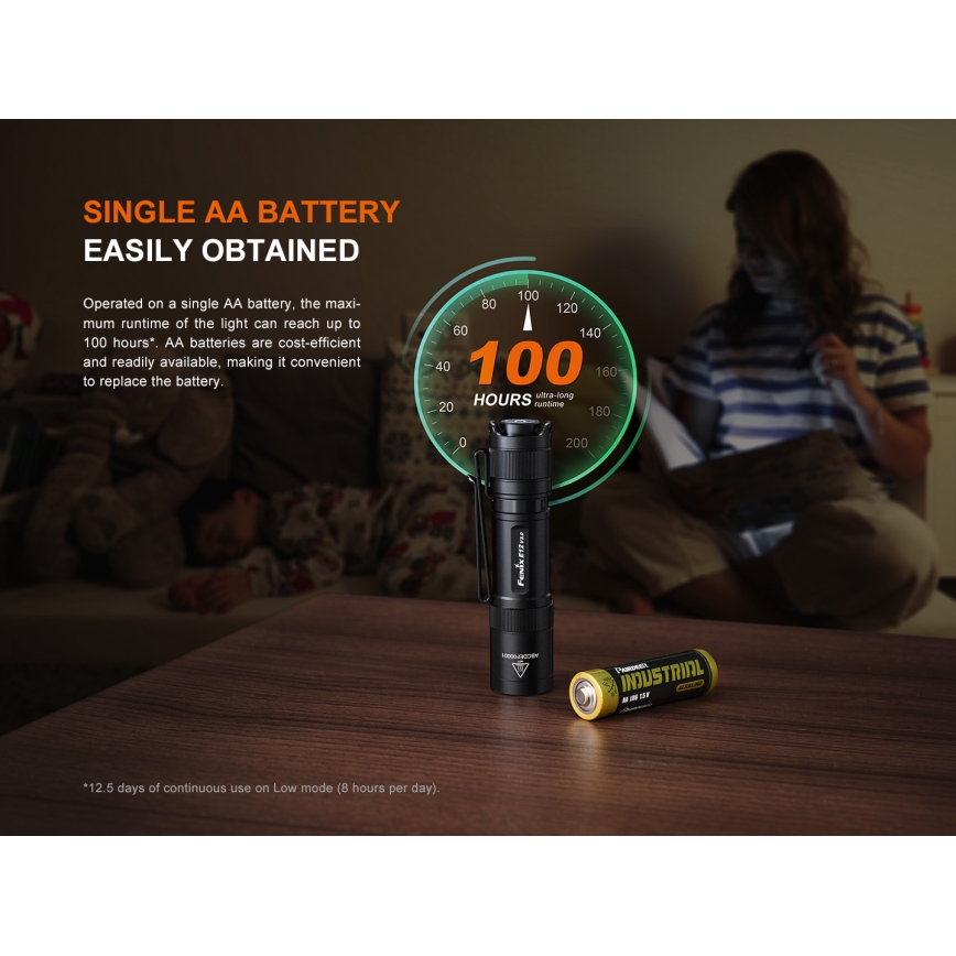 Fenix E12V30 - LED dæmpbar genopladelig lommelygte LED/1xAA 2000 mAh IP68 200 lm 100 h sort