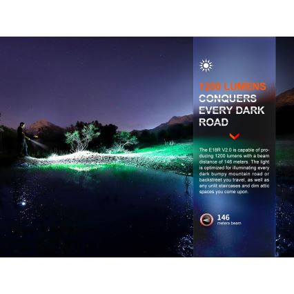 Fenix E18RV20800 - Dæmpbar genopladelig LED-lommelygte LED/USB/1xCR123A 800 mAh IP68 1200 lm 200 h sort
