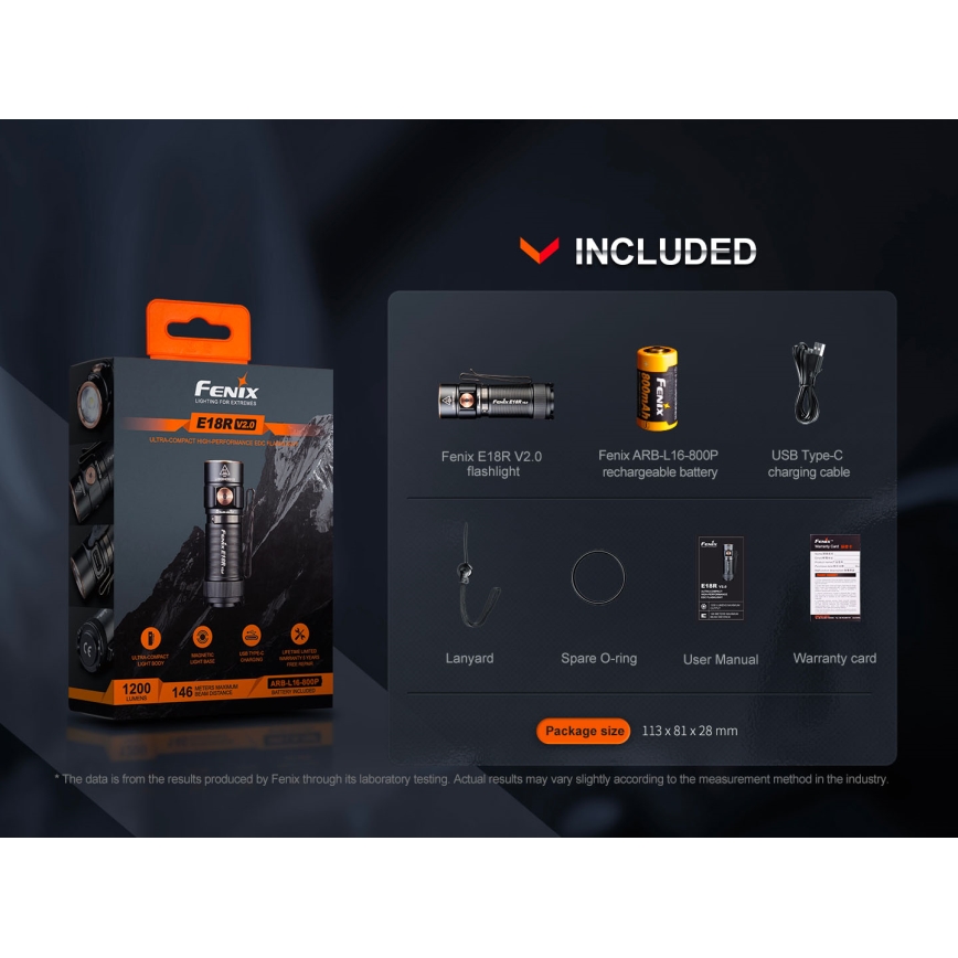 Fenix E18RV20800 - Dæmpbar genopladelig LED-lommelygte LED/USB/1xCR123A 800 mAh IP68 1200 lm 200 h sort