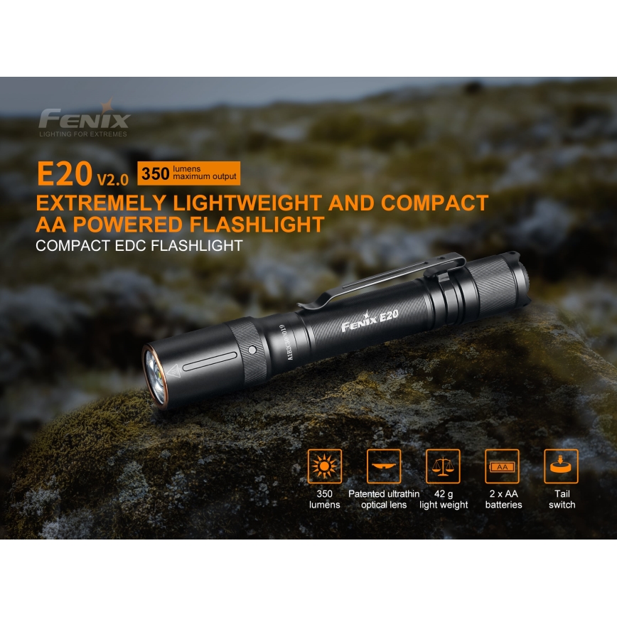 Fenix E20V20 - LED lommelygte LED/2xAA IP68 350 lm 200 timer