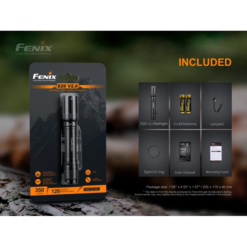 Fenix E20V20 - LED lommelygte LED/2xAA IP68 350 lm 200 timer