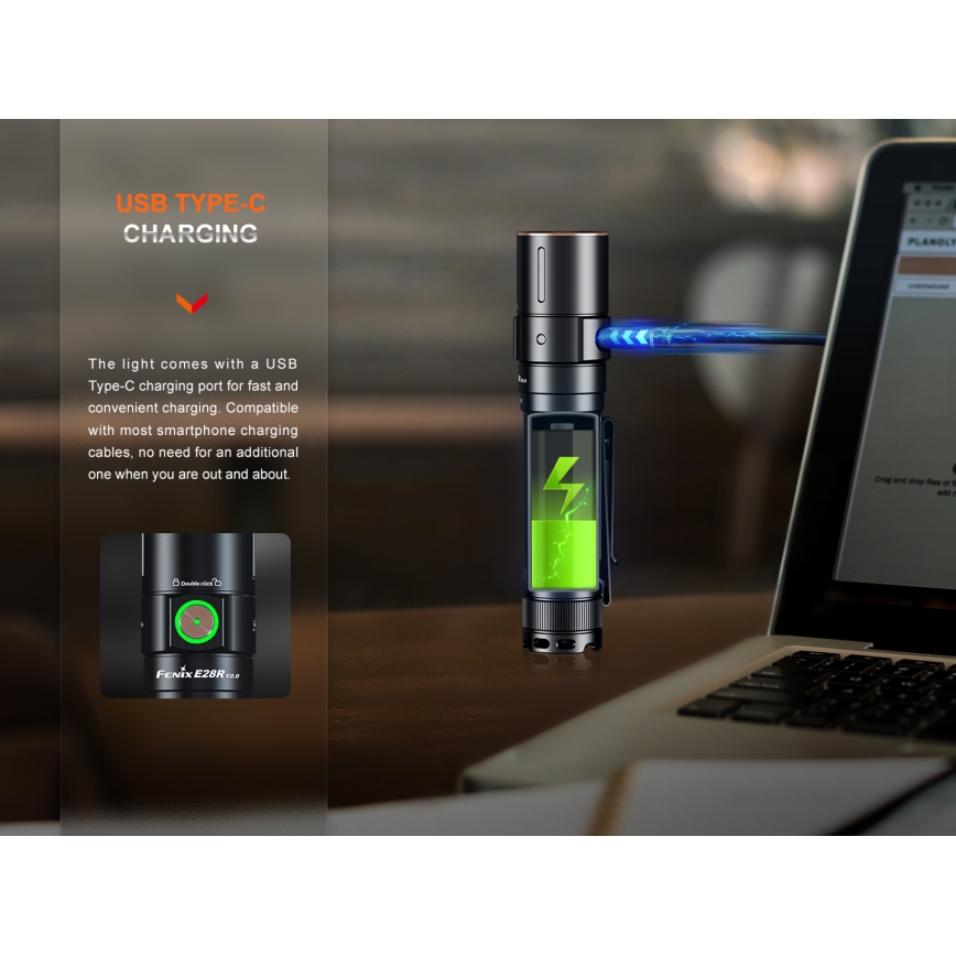 Fenix E28RV20 - LED lommelygte dæmpbar og genopladelig LED/USB/2xCR123A IP68 1700 skinnende 260 timer 3400 mAh