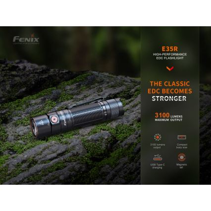 Fenix E35RSETAODS - Genopladelig LED lommelygte dæmpbar LED/USB IP68 3100 lm 69 timer 5000 mAh + diffuser 26,5 mm