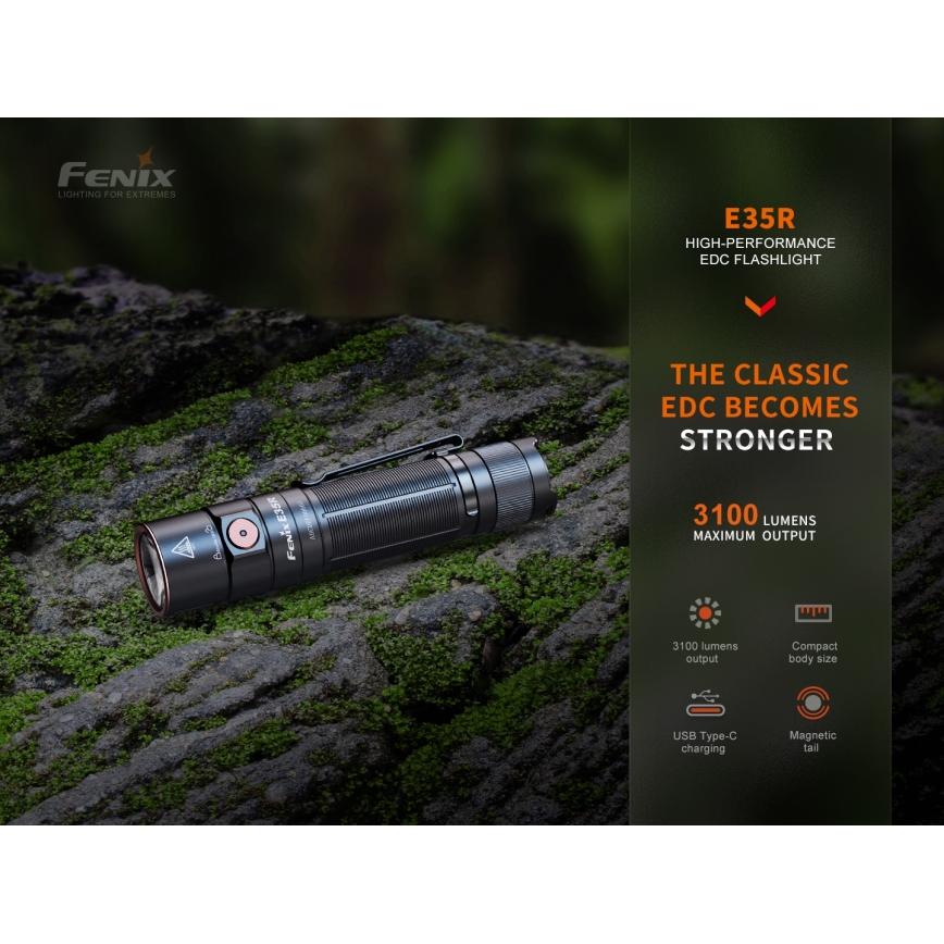 Fenix E35RSETAODS - Genopladelig LED lommelygte dæmpbar LED/USB IP68 3100 lm 69 timer 5000 mAh + diffuser 26,5 mm
