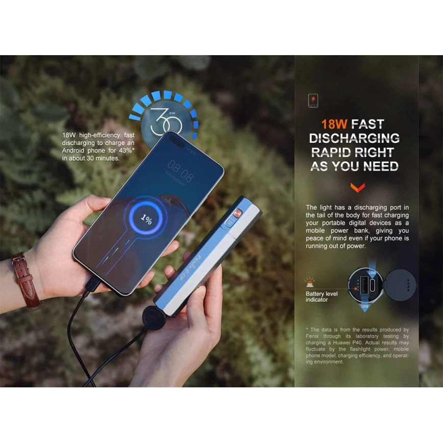 Fenix ECPBLCK - Genopladelig LED lommelygte med powerbank USB IP68 1600 skinnende 504 timer 5000 mAh sort