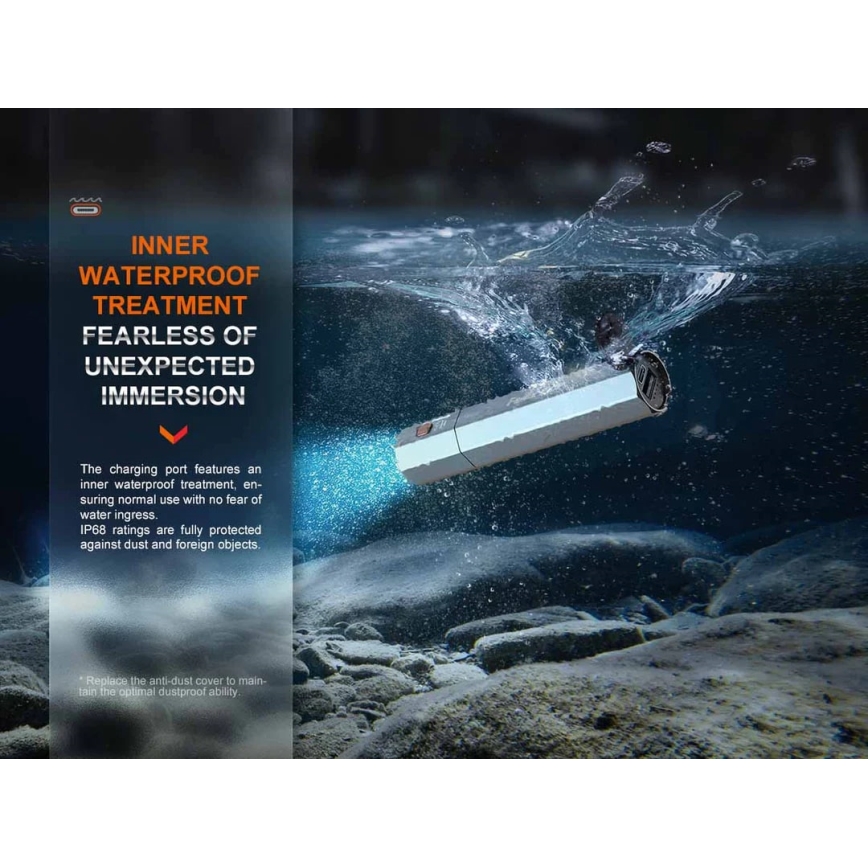 Fenix ECPBLUE - Genopladelig LED lommelygte med powerbank USB IP68 1600 skinnende 504 timer 5000 mAh blå