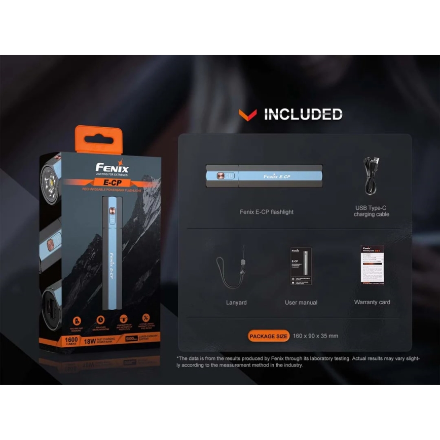 Fenix ECPBLUE - Genopladelig LED lommelygte med powerbank USB IP68 1600 skinnende 504 timer 5000 mAh blå