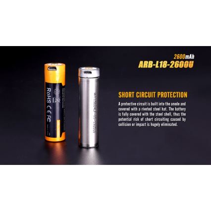 Fenix FE18650LI26USB - 1 stk. Genopladeligt USB-batteri, 3,6 V, 2600 mAh