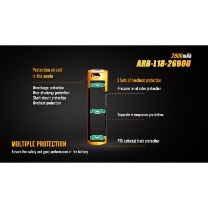 Fenix FE18650LI26USB - 1 stk. Genopladeligt USB-batteri, 3,6 V, 2600 mAh
