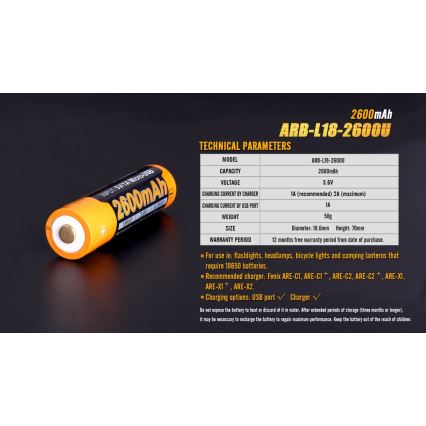 Fenix FE18650LI26USB - 1 stk. Genopladeligt USB-batteri, 3,6 V, 2600 mAh