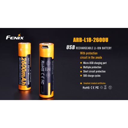 Fenix FE18650LI26USB - 1 stk. Genopladeligt USB-batteri, 3,6 V, 2600 mAh