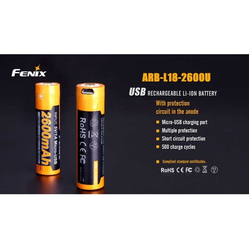 Fenix FE18650LI26USB - 1 stk. Genopladeligt USB-batteri, 3,6 V, 2600 mAh