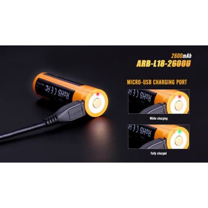 Fenix FE18650LI26USB - 1 stk. Genopladeligt USB-batteri, 3,6 V, 2600 mAh