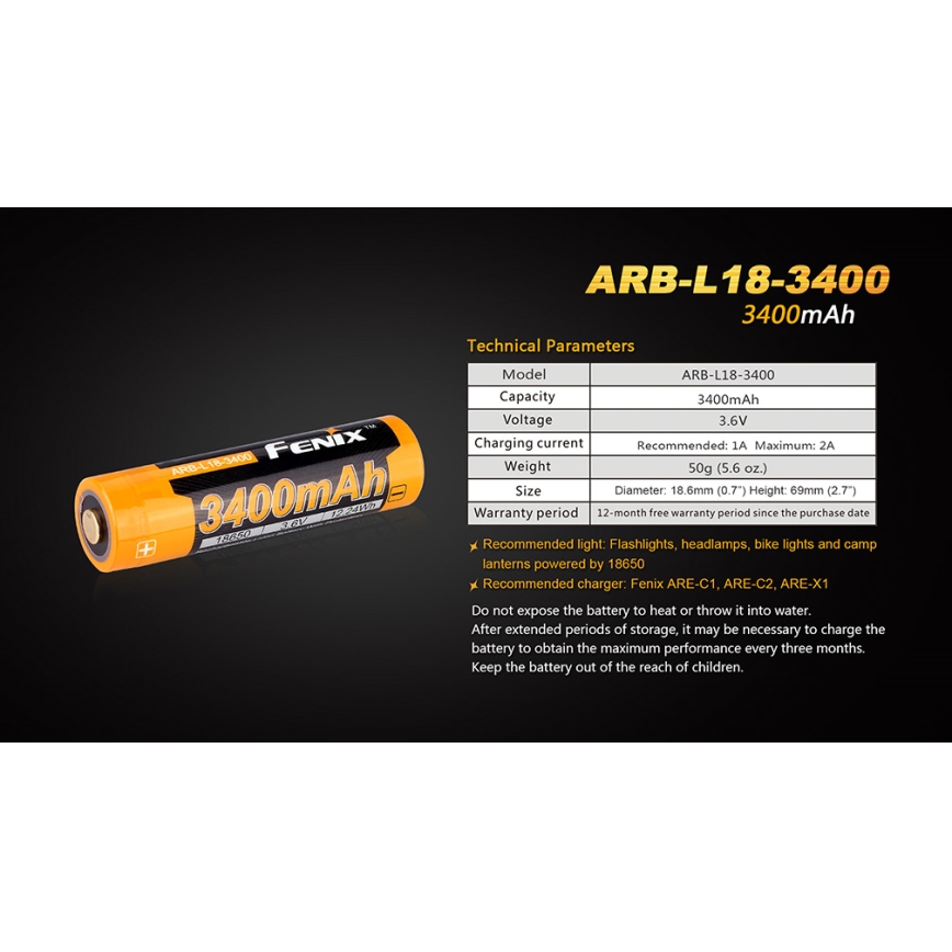 Fenix FE18650LI34 - 1 stk. Genopladeligt 18650-batteri, 3,6 V, 3400 mAh