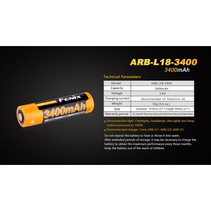 Fenix FE18650LI34 - 1 stk Genopladeligt batteri 18650/3,6V 3400 mAh