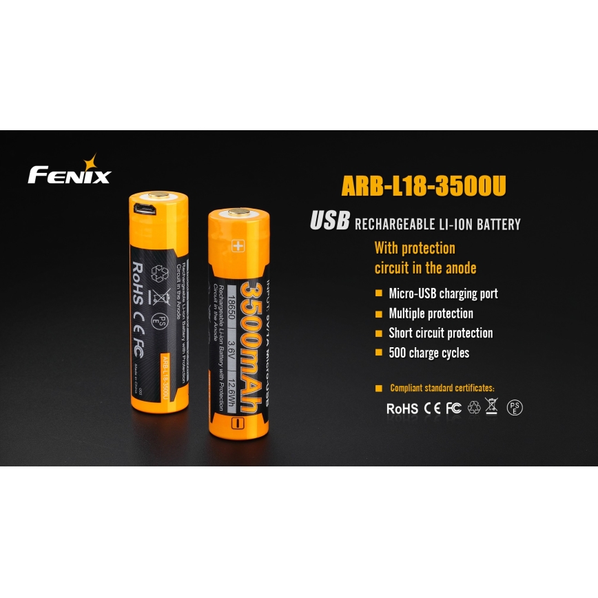 Fenix FE18650LI35USB - 1 stk. Genopladeligt batteri USB/3,6 V 3500 mAh