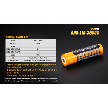 Fenix FE18650LI35USB - 1 stk. Genopladeligt batteri USB/3,6 V 3500 mAh