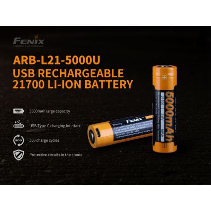 Fenix FE21700USB - 1 stk Genopladeligt USB-batteri 3,6V 5000 mAh