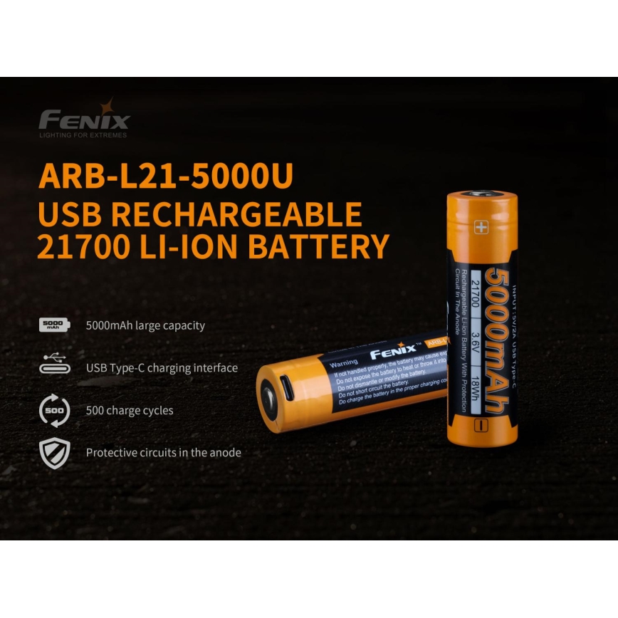 Fenix FE21700USB - 1 stk Genopladeligt USB-batteri 3,6V 5000 mAh