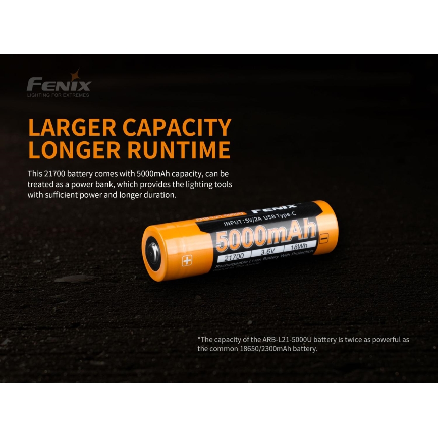 Fenix FE21700USB - 1 stk Genopladeligt USB-batteri 3,6V 5000 mAh