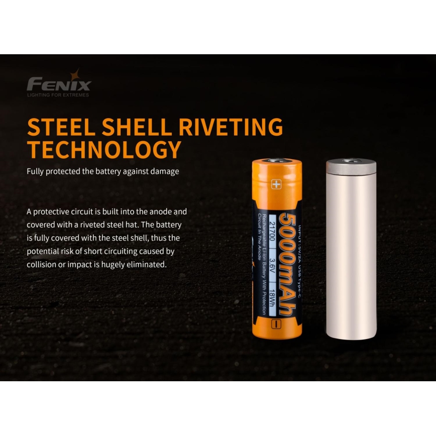 Fenix FE21700USB - 1 stk Genopladeligt USB-batteri 3,6V 5000 mAh