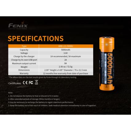 Fenix FE21700USB - 1 stk Genopladeligt USB-batteri 3,6V 5000 mAh