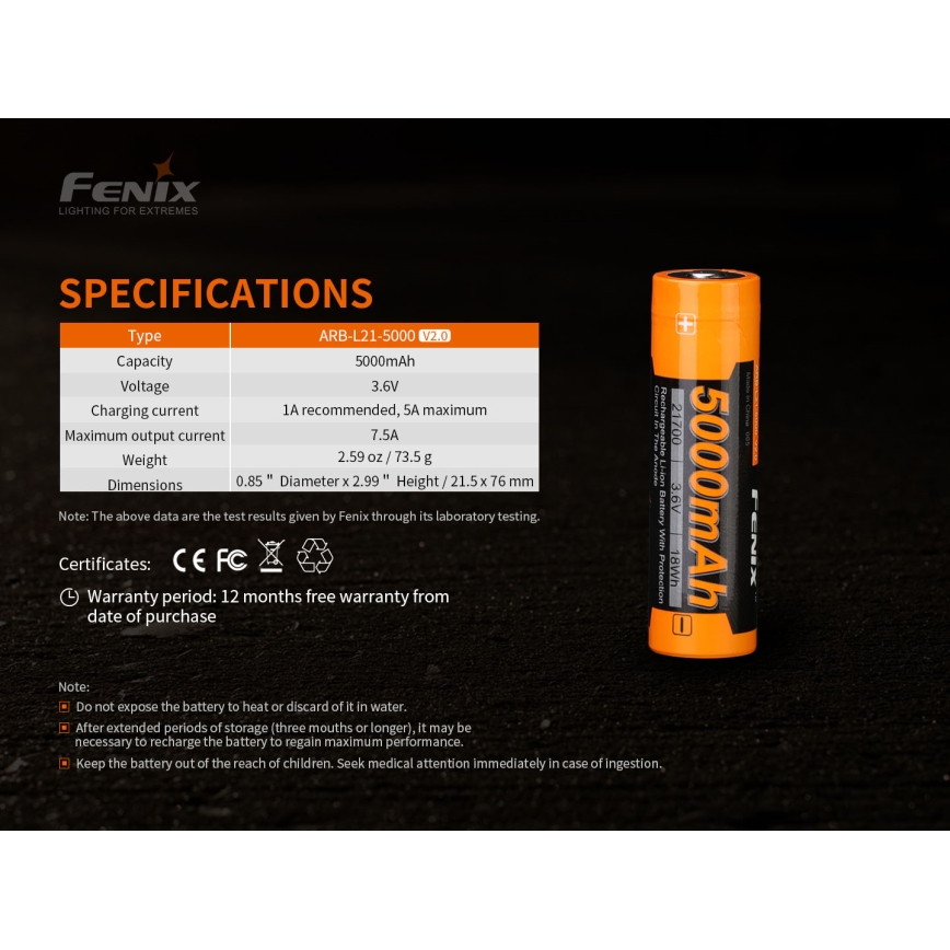 Fenix FE21700V20 - 1 stk. Genopladeligt 21700-batteri, 3,6 V, 5000 mAh
