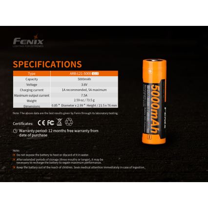 Fenix FE21700V20 - 1 stk. Genopladeligt batteri 21700/3,6V 5000 mAh