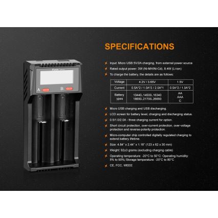 Fenix FENARED2 - Batterioplader 2xLi-ion/AAA/AA/C 5V