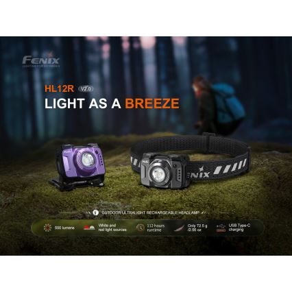 Fenix HL12RV20BLC - LED-dæmpbar genopladelig pandelampe LED/USB 950 mAh IP66 500 lm 112 h sort