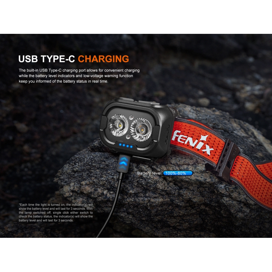 Fenix HL18RTV20BLC - LED pandelampe dæmpbar og genopladelig LED/USB IP66 800 lm 160 timer sort/orange